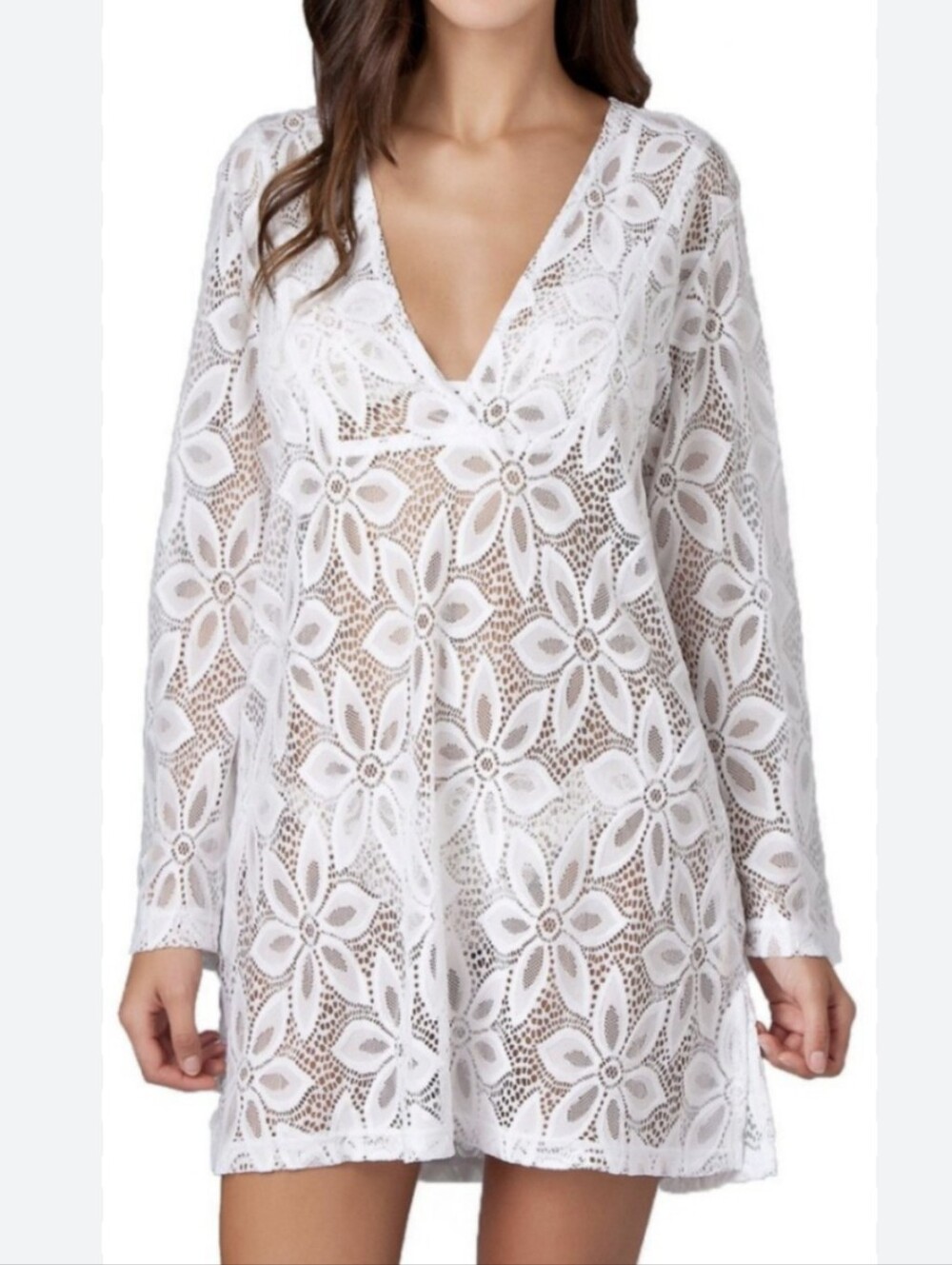 J. Valdi White Floral Crochet Long-Sleeve Swim Cover-Up - Size 2X
